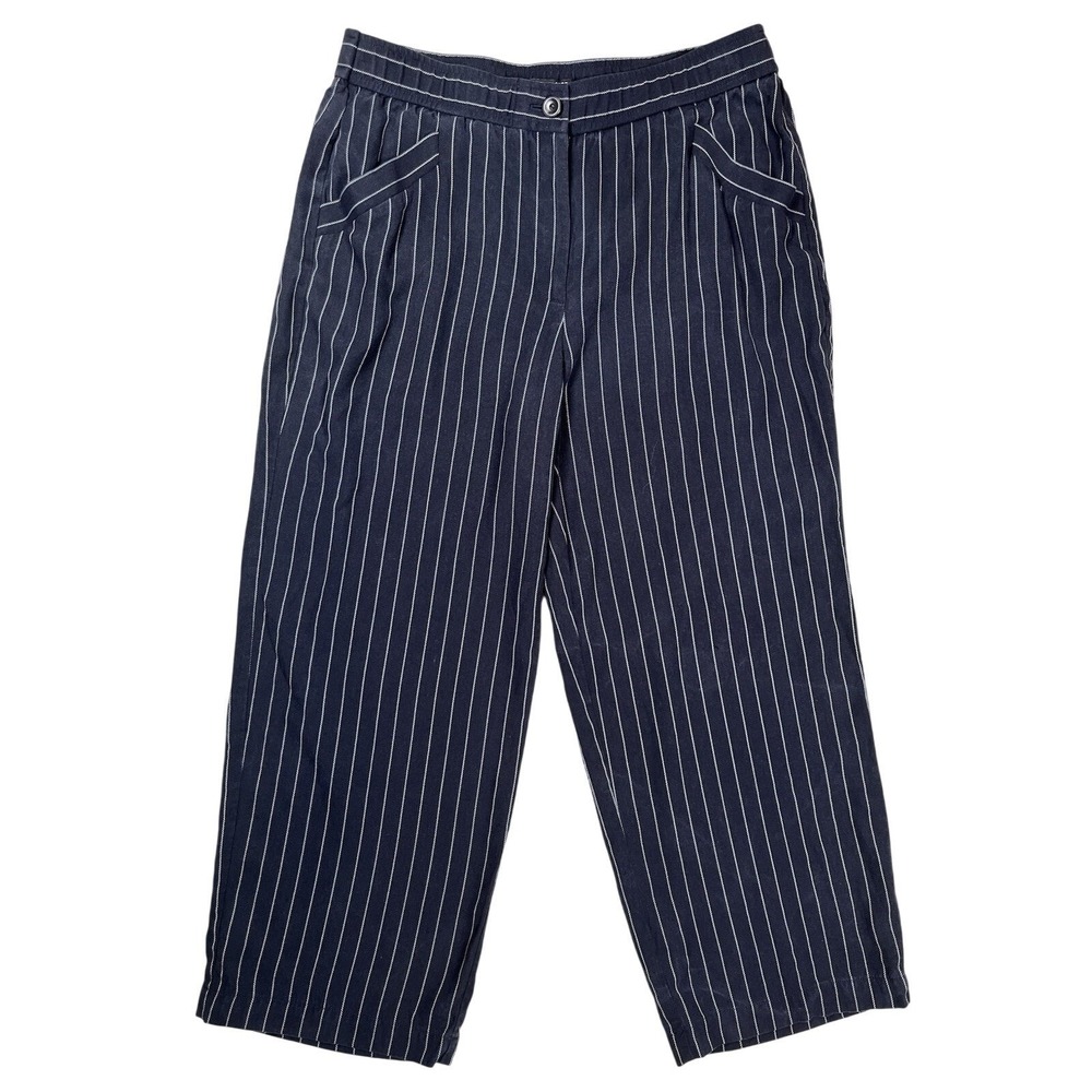 Eileen Fisher Pinstripe Pants Womens PM Navy Blue Tencel Straight Leg‎ Trousers